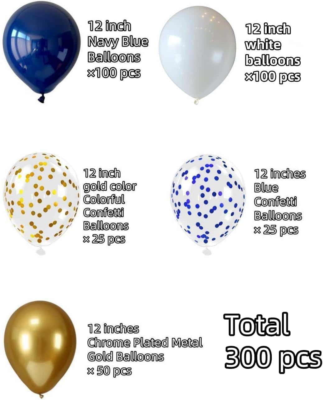 300 Pcs Navy Blue and Gold Confetti Balloons Set Lncludes 12 inch Gold White Navy Blue and Blue Gold Confetti Balloon for Birthday, and Celebration Graduation Party Decoration
