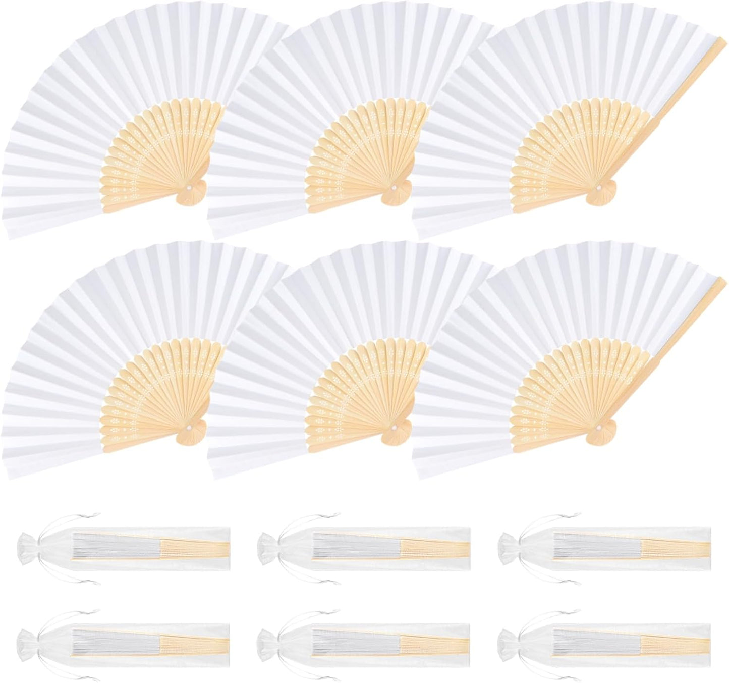 6 Pieces White Hand Held Bamboo Folding Fans Foldable Paper Fans Handheld for Women Girls Wedding DIY Decoration Church Home Party Favors Summer