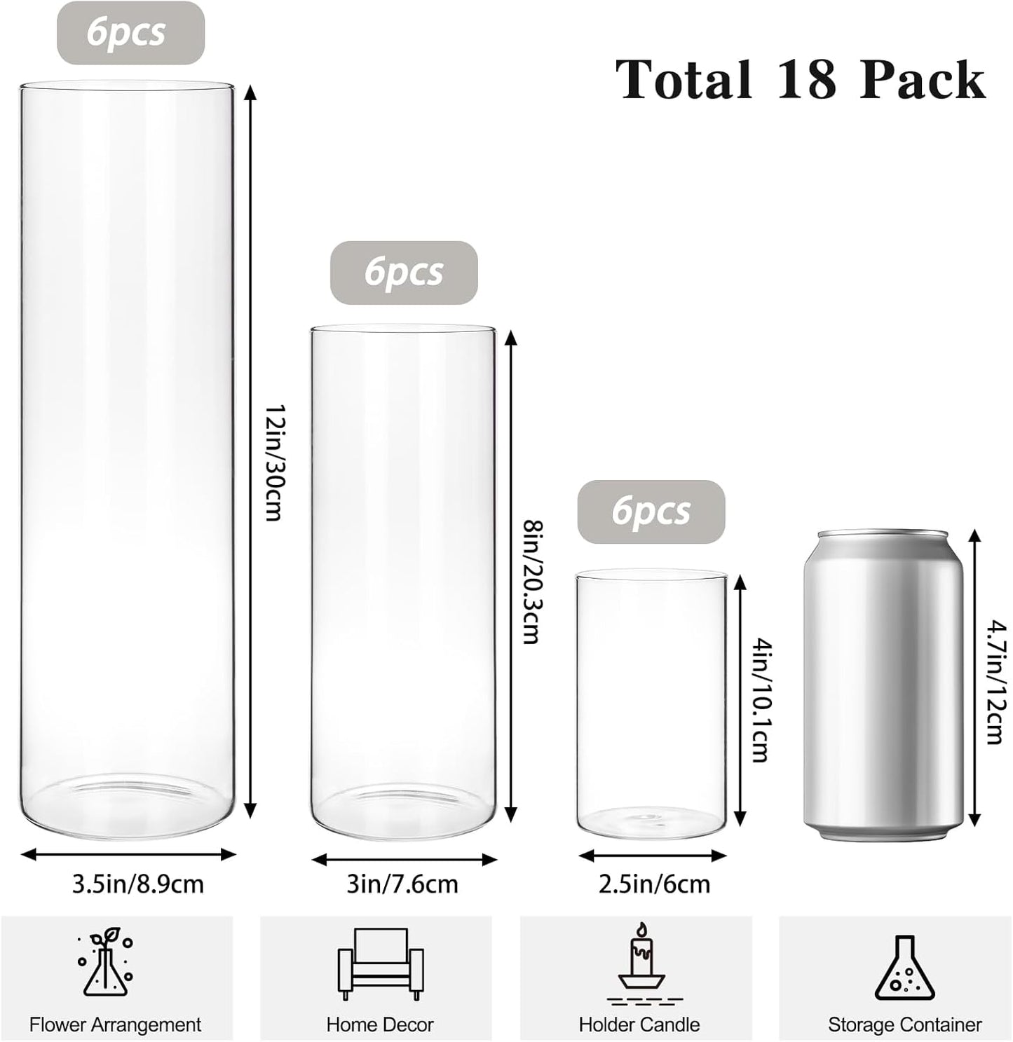 Fixwal 18pcs Tall Cylinder Vases for Centerpieces 4, 8, 12 Inch Clear Glass Flower Vase Floating Candle Holder for Table Shelf, Party, Wedding, Home Decor