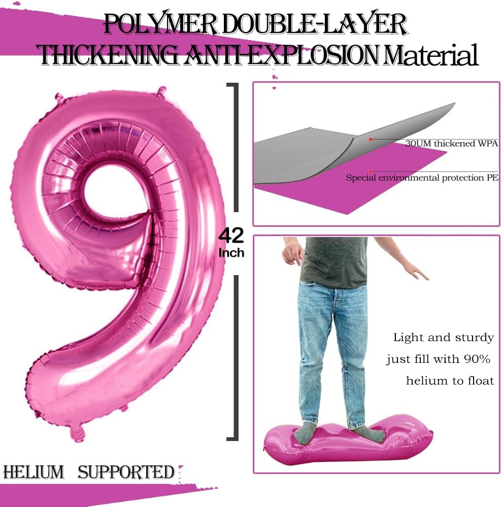 GOER Hot Pink Foil Balloons Number 9,Huge Number Balloons for 9th Birthday Party Supplies Anniversary Decorations(3 pcs,42 inch,32 inc,16inch)