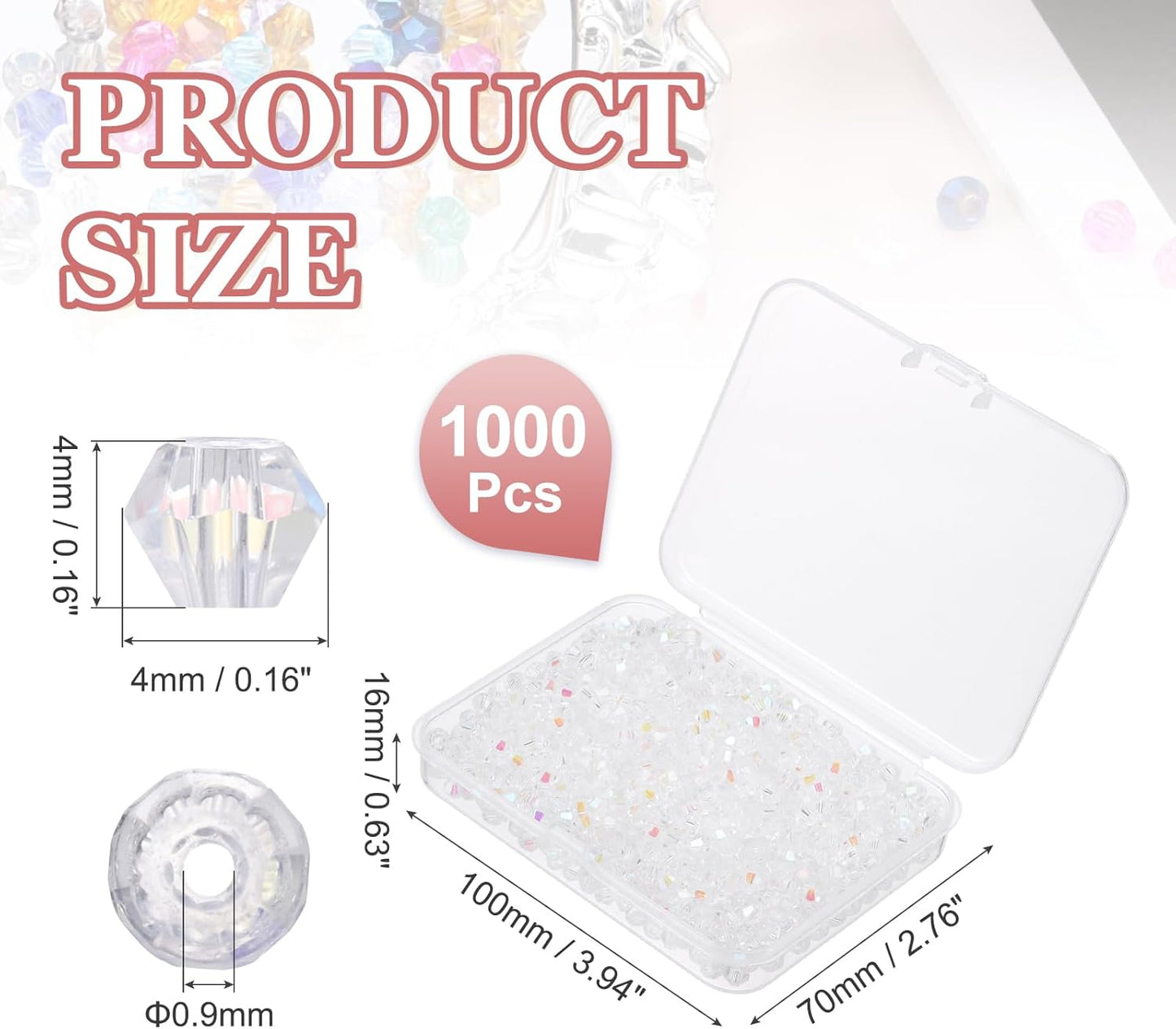 PATIKIL 1000pcs 4mm Bicone Glass Crystal Beads, Faceted Glass Spacer Beads with Box for Jewelry Making Bracelet Necklace Earrings DIY Suncatcher Craft, Colorful White AB