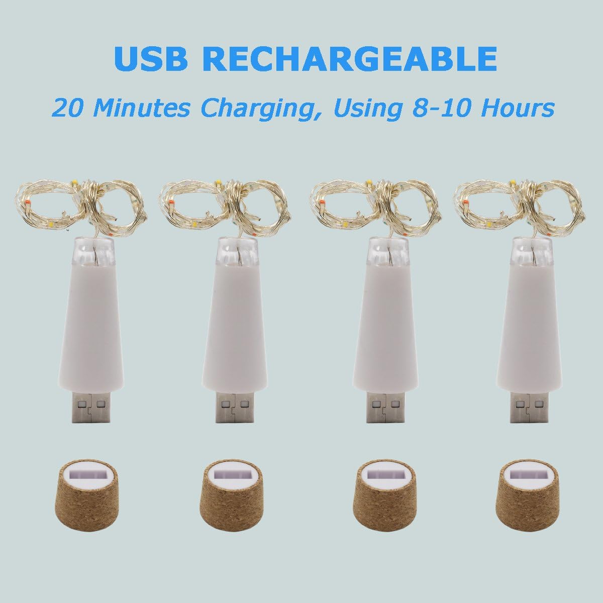 NeoJoy Wine Cork Lights, Rechargeable Bottle Fairy String Lights with 15 LED for DIY Artificial Parties Centerpiece Bedroom Decoration Gift (Warm White, 4PCS)