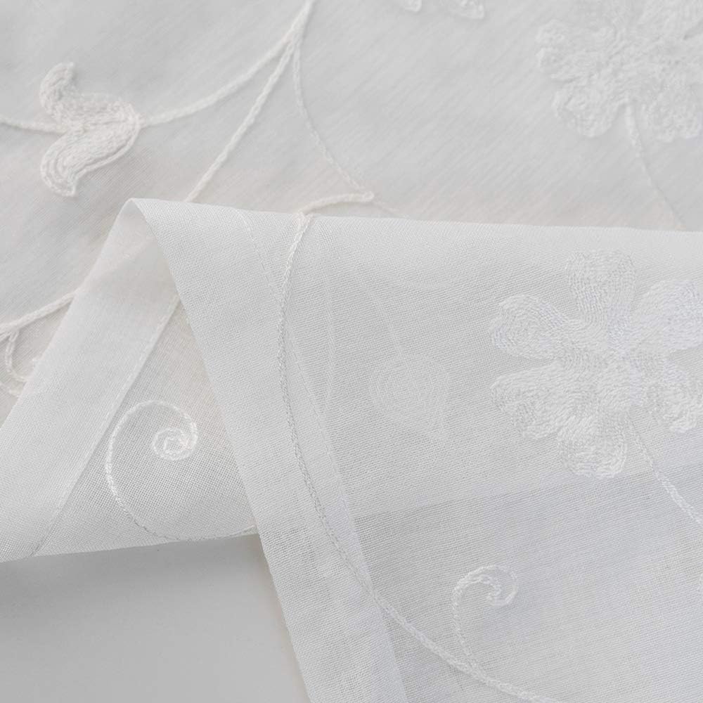 Floral Embroidery Sheer Curtains White 63 Inch Length, Rod Pocket Voile Drapes for Living room, Bedroom, Window Treatments Semi Crinkle Curtain Panels for Yard, Patio, Villa, Set of 2, 52"x 63".