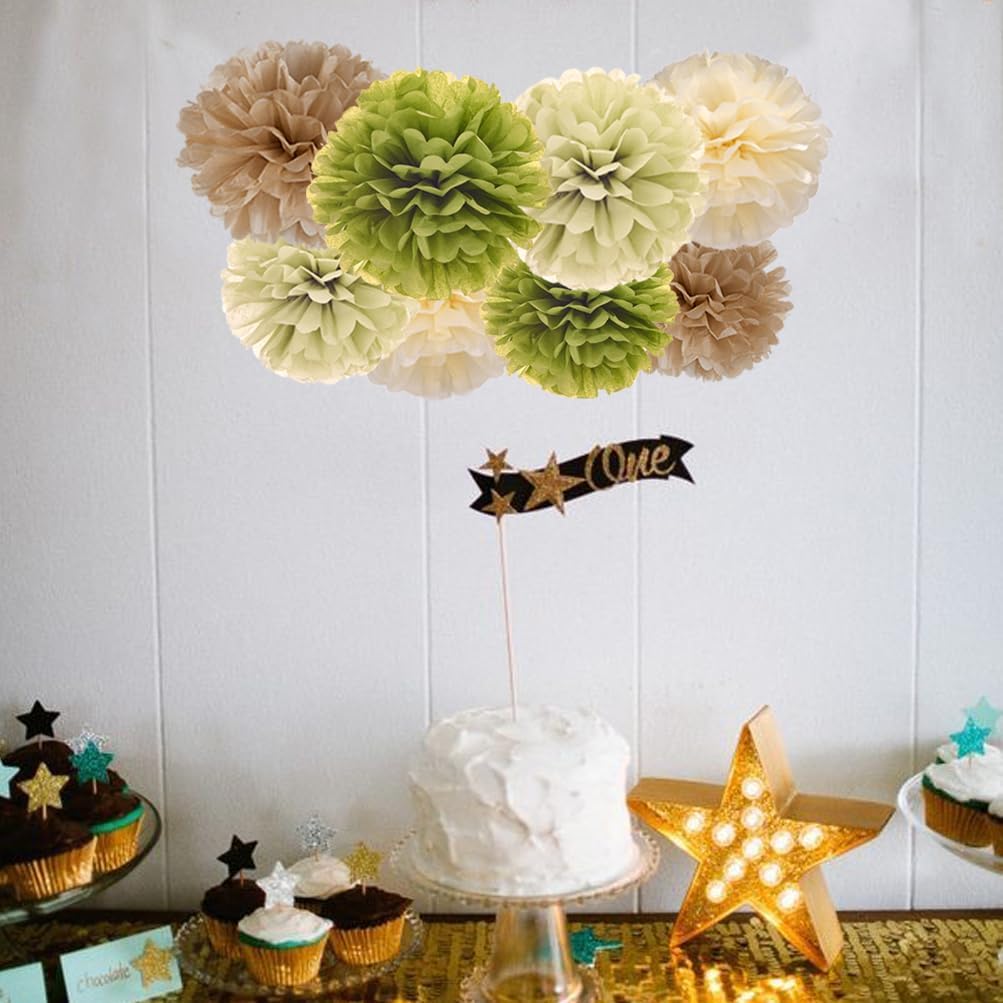 Sage Green Olive Ivory and Champagne Tan Tissue Paper Pom Poms Flower for Baby Shower Spring Summer Jungle Birthday Wedding Graduation Party Decoration, 12pc
