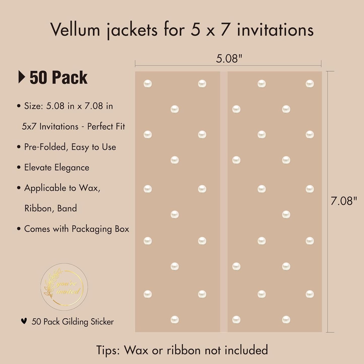50 Pack Pre-Folded Vellum Jackets For 5x7 Invitations,AZAZA Translucent Invitation Sleeves,115GSM Vellum Jackets 5x7, Wedding Invitation Accessories, For Weddings Birthdays Baby Showers,Elegant Pearl