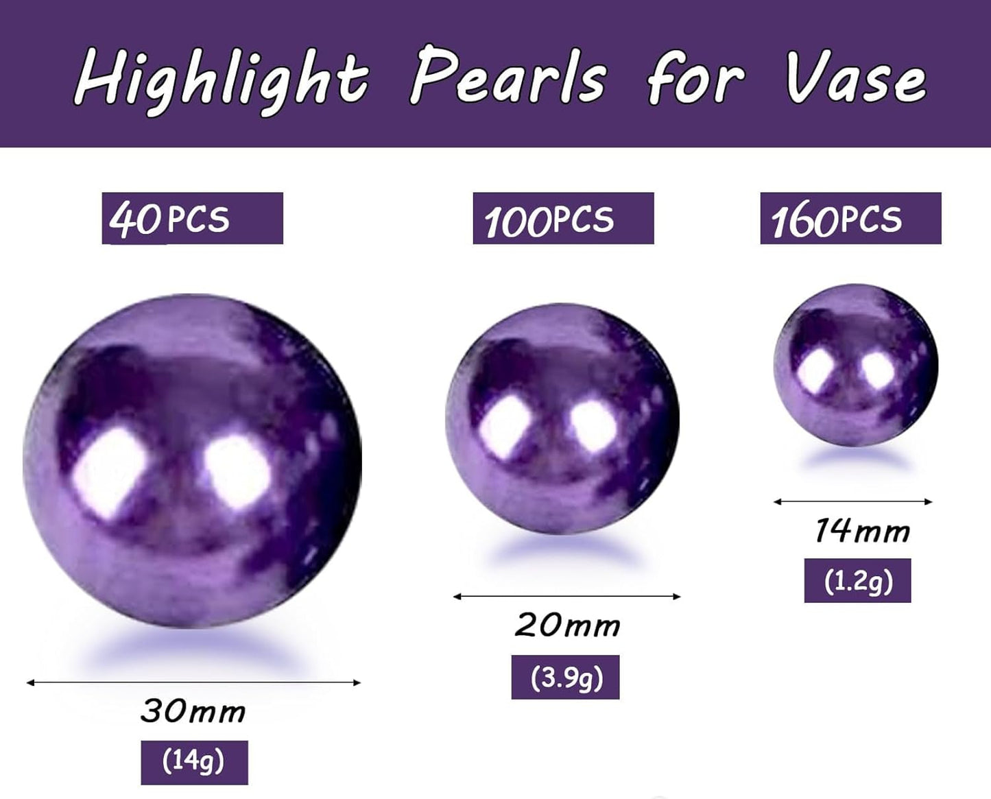 300Pcs Dark Purple Polished No Hole Faux Pearl Beads for Vase Filling Decorations, Plastic Pearls Vase Fillers, Table Scatters, Wedding Centerpiece, Home Decor, 8/14/20 mm