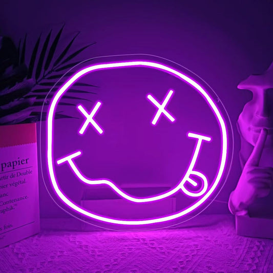 Smiley Face Neon Sign,Melting Smile Face LED Light Signs for Backdrop,Purple Wall Art Decor for Bar Bedroom Kids Room Party Decorations,Gift for Kids Teens Women USB Powered（11.8"*10.8"）