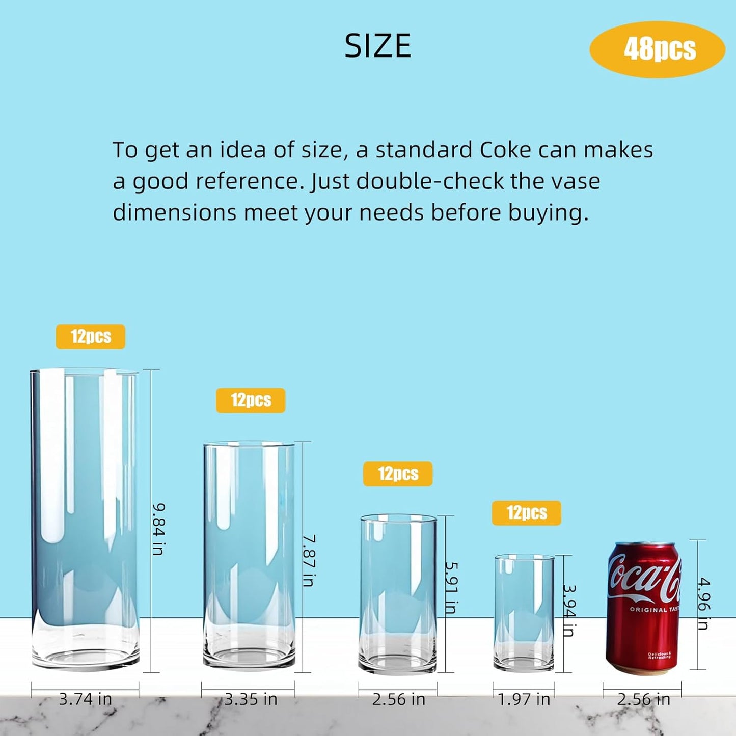 48 Pack Clear Glass Cylinder Vases for Centerpieces - Different Sizes Floating Candle Vases Holder -4", 6", 8",10" Hight Perfect for Weddings and Events