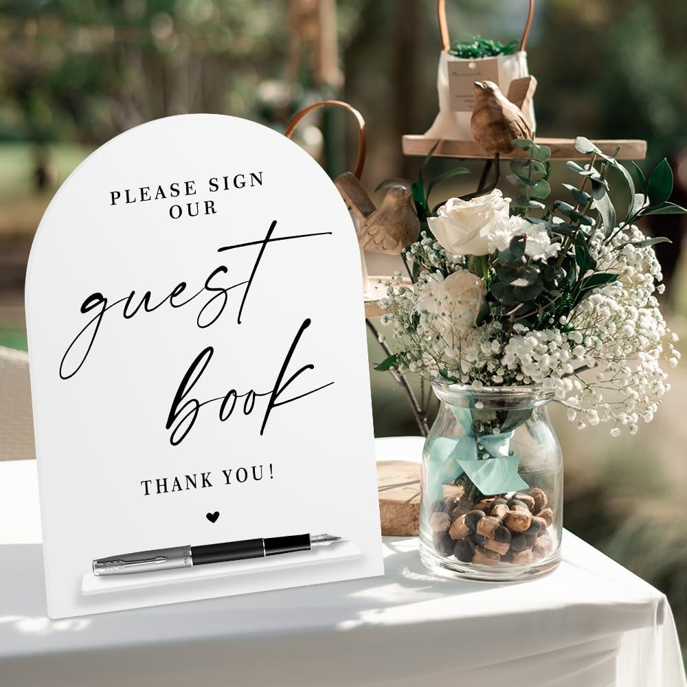 White Acrylic Guest Book Sign, Please Sign Our Guestbook Sign with Stand- 8x11 Inch Modern Calligraphy Arch Diagonal Acrylic Sign for Wedding Reception, Wedding Decoration Sign-bs-hlp05