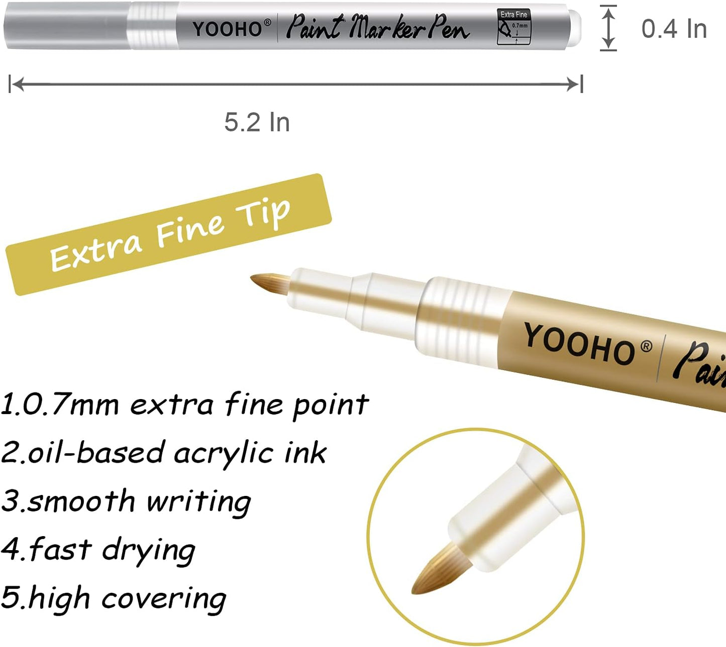 Paint Pen Gold Silver Metallic Permanent Acrylic Markers Set for Fabric Glass Rock Wooden Ceramic Leather Tire Painting, 0.7mm Extra Fine Tip (3pcs Gold+3pcs Silver)