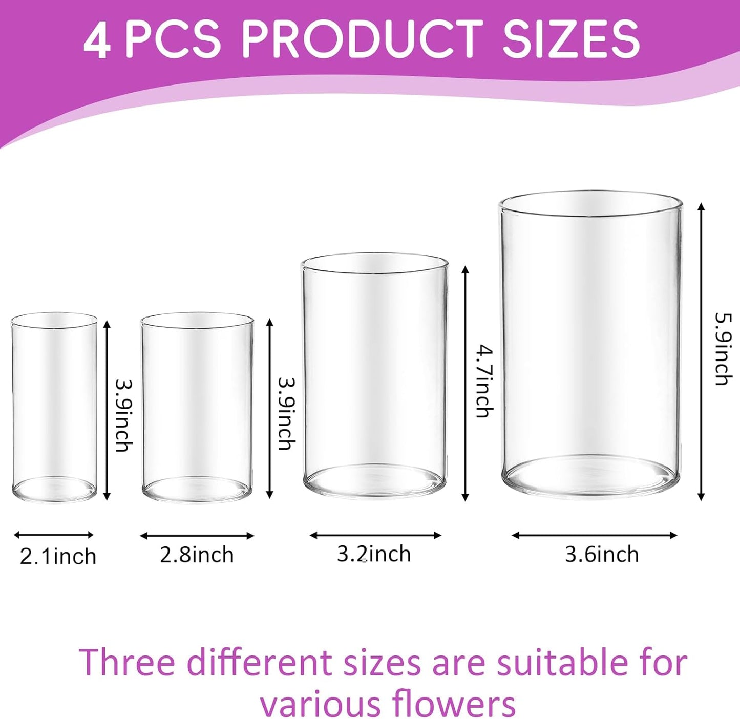 48pcs Glass Vase Cylinder for Centerpieces Small Flower Glass Clear Home Decor Centerpiece Table Flower Vase Decorations for Wedding＆Holiday 4,4,4.7,6Inch Tall