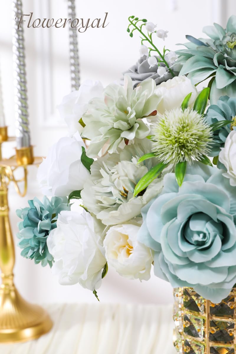 Floweroyal Artificial Flowers Combo Teal Blue Flowers Mix Silk Flowers Dahlia Roses with Stems for DIY Wedding Bridal Bouquets, Baby Shower, Floral Arrangement, Table Centerpieces, Home Decorations.