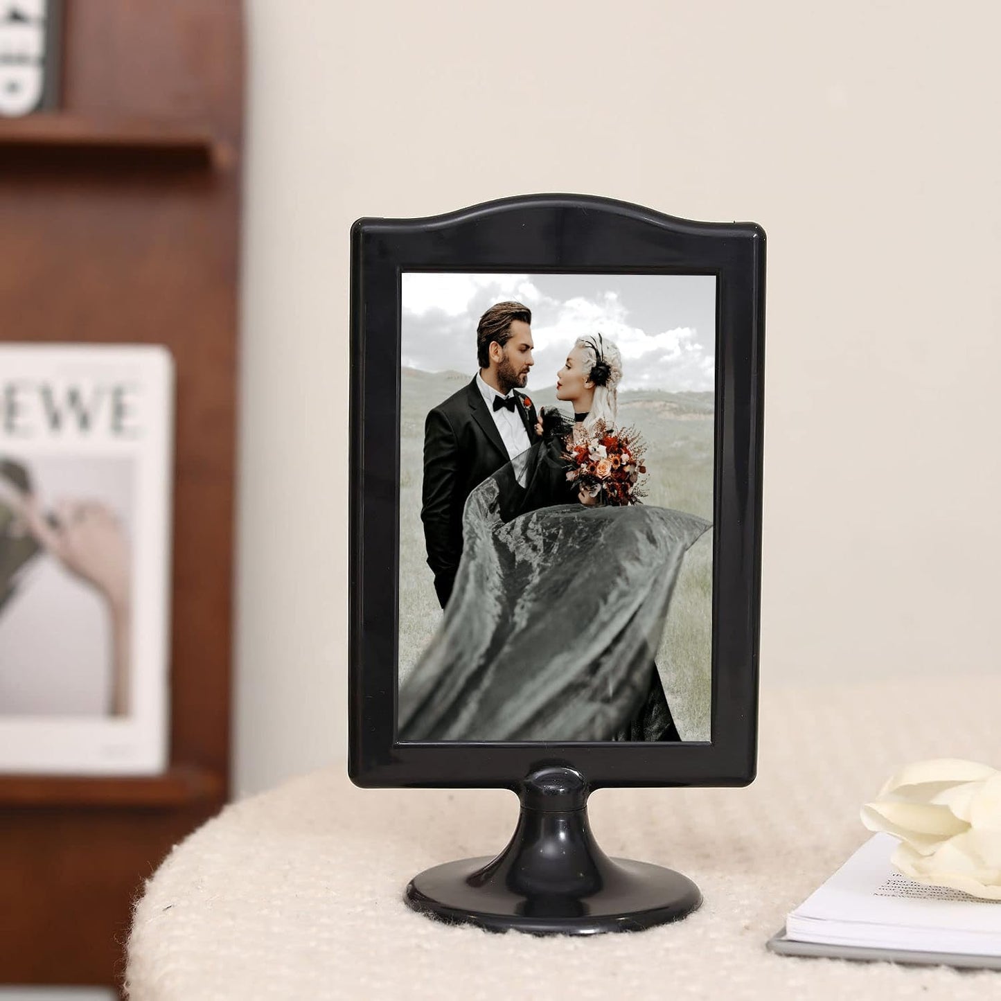 NahNah Double Sided Standing Picture Frames - (Black, 8 Count) 4x6 Inch, Plastic Pedestal Photo Frame with Inserts and Base - 2 Sided Tabletop Vertical Display Frame for Wedding Table Bridal