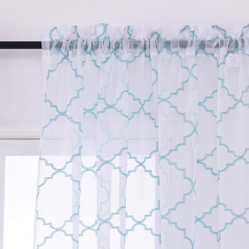 Embroidery Sheer Curtains Blue 95 Inches Long, Window Treatments Rod Pocket Drapes for Living room, Bedroom, Moroccan Design Crinkle Voile Curtain Panels for Yard, Villa, Parlor, Set of 2, 52"x 95".