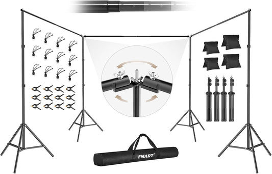 EMART Backdrop Stand, 30x7ft(WxH) Large Adjustable Background Support System with 308° Angle Rotatable Connector, 12 Clamps, 4 Sandbags and Carry Bag for Paties, Wedding, Photography Studio, Video