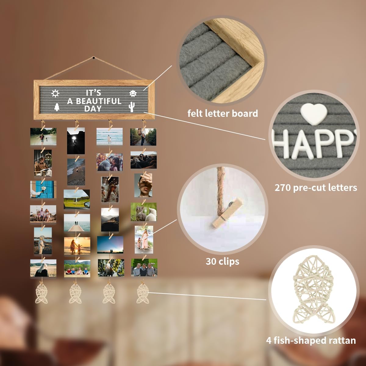 Collage Picture Frames for Wall, Birthday Gifts for Mom Women Teenage Girls, Polaroid Picture Display Felt Letter Board with 270 Letters and 30 Clips, Unique DIY Mothers Day Gifts