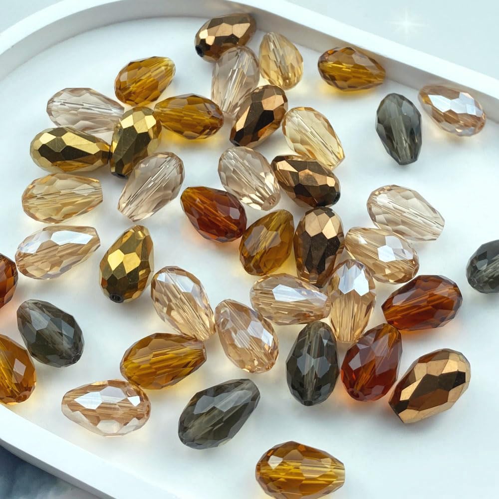 200pcs 4x6mm Teardrop Crystal Glass Beads Vertical Hole Faceted Loose Spacer Beads for DIY Craft Jewelry Making Necklace Bracelet Earring Wind Chimes(Brown Series)