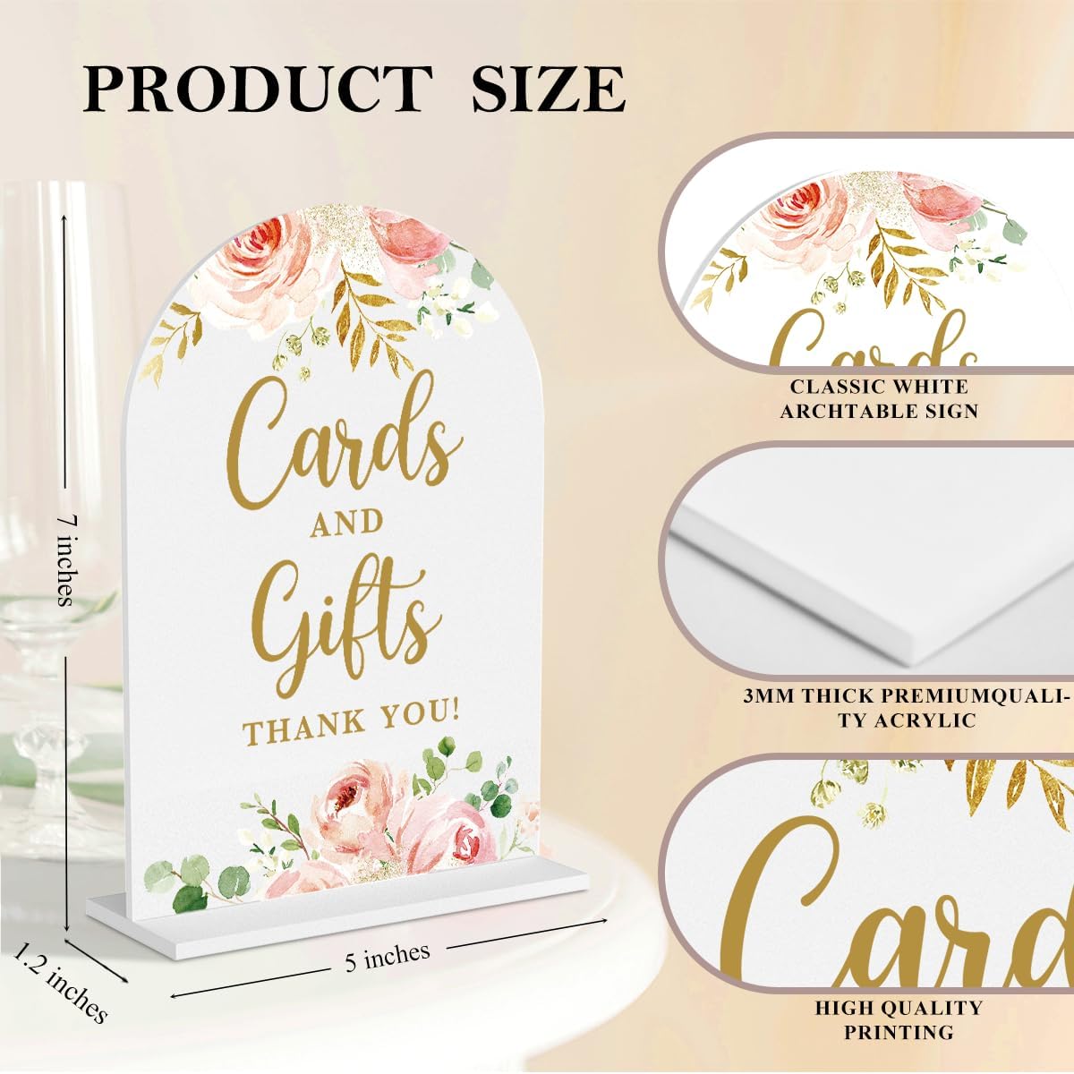 4 Pcs Acrylic Wedding Signs for Reception, Bridal Shower Decorations, Cards and Gifts Signs, Guest Book Sign, Arch Acrylic Table Top Sign with Holder for Wedding Reception (White Pink Flowers)