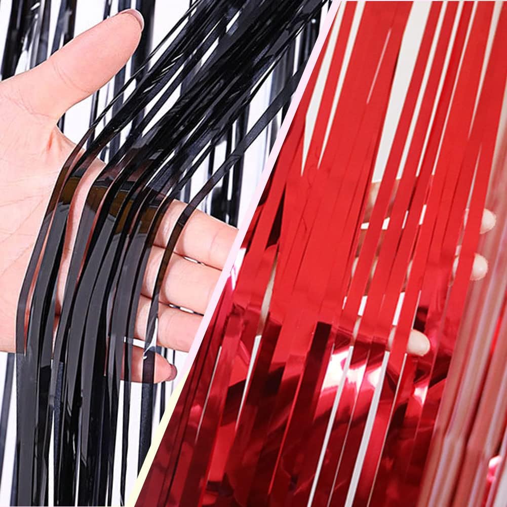Red and Black Party Decorations- 4 Pack of 3.2x8.2ft Foil Fringe Curtains for 2025 Graduation Party Decorations Birthday Backdrop Decorations