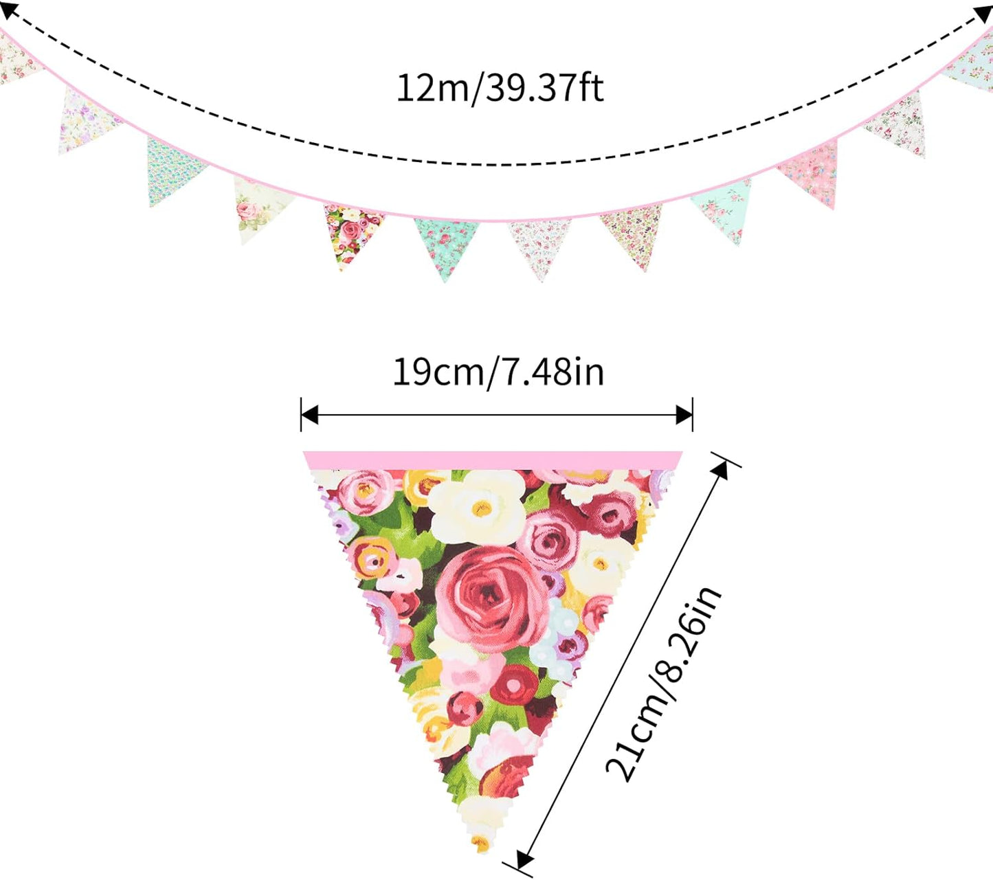 jijAcraft 39Ft Triangle Bunting Banner, 42Pcs Tea Floral Party Bunting Cotton Fabric Flags Pennant Garlands for Birthday Party, Wedding, Baby Shower, Outdoor and Home Decorations (Pink and Grenn)