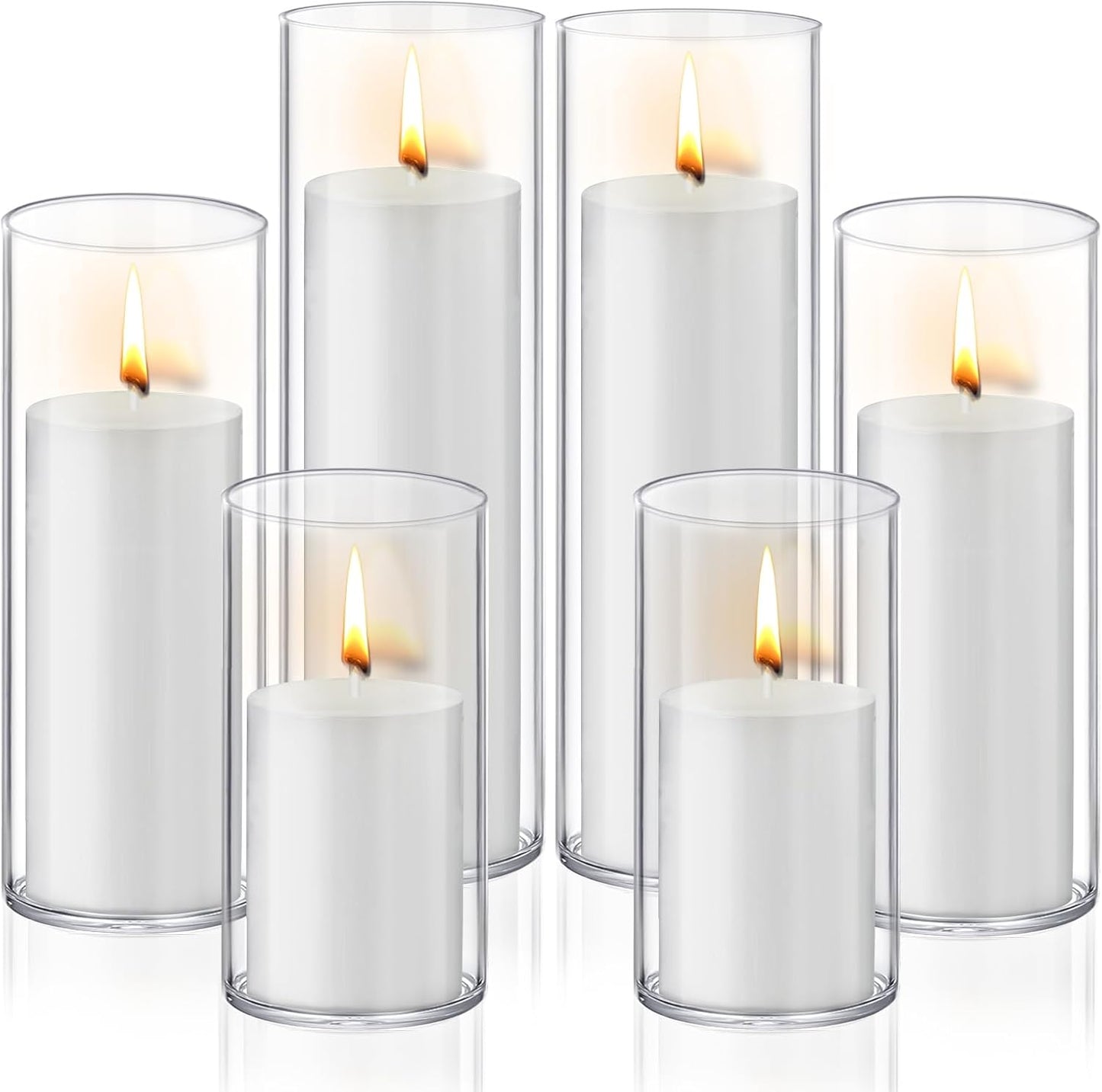 12 PCS White Pillar Candles with Glass Candle Holders Clear Hurricane Candle Holders Glass Cylinder Vases for Centerpieces Wedding Party, Event, Home Office (6 Candles+6 Candle Hoders)