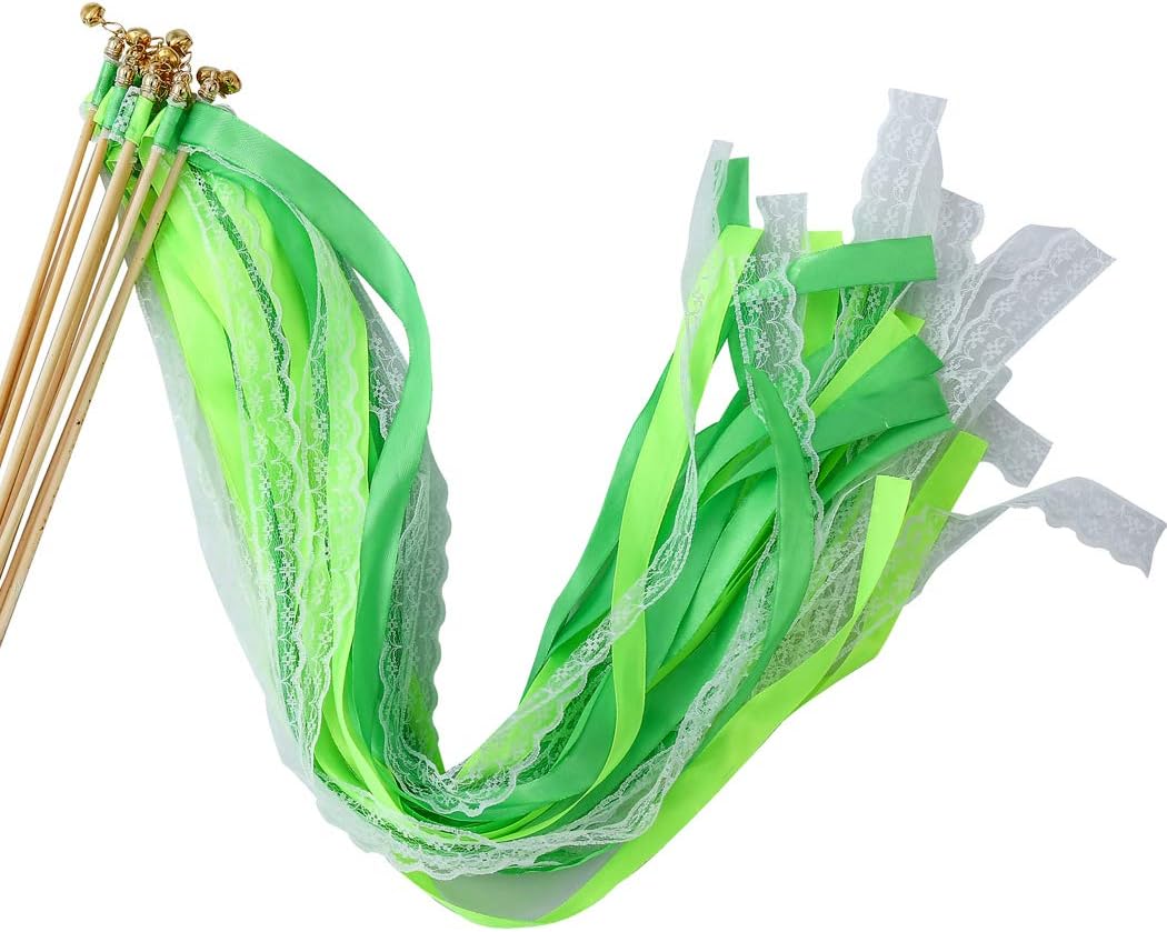 30pcs Lace Ribbon Stick Wands Christmas Birthday Party Streamers Wands Fairy Stick for Wedding Activities (Green+Lace)