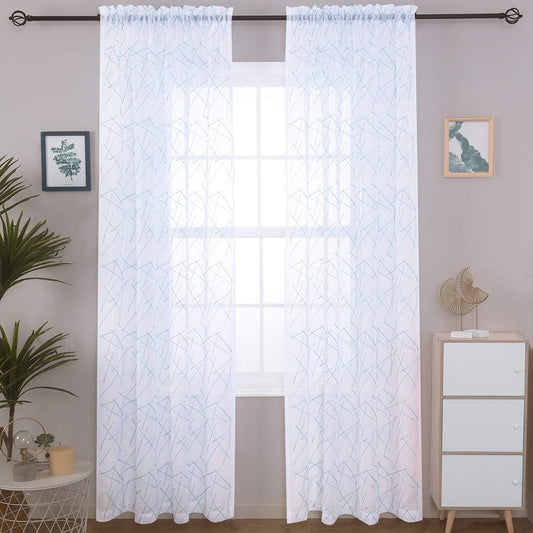 MYSTIC-HOME Sheer Blue Curtains 95 Inches Embroidered Branch Patterned Semi Window Treatments Rod Pocket Voile Curtain Panels for Living Room, Bedroom, Yard, Patio, Villa, Parlor, Set of 2, 52"x95".