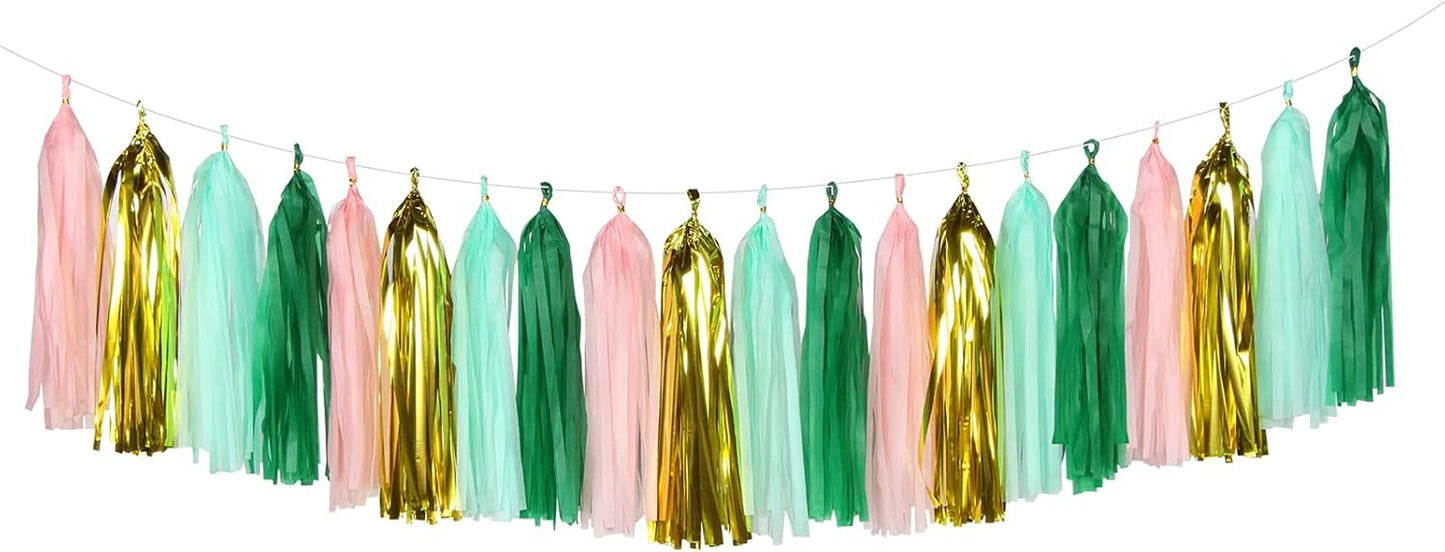 Sage-Green Pink-Gold Party-Decorations Tassel Garland - 20pcs Bachelorette Engagement Baby Bridal Shower Tassels Streamers Rustic Wedding Jungle Birthday Party Spring Decor Panduola