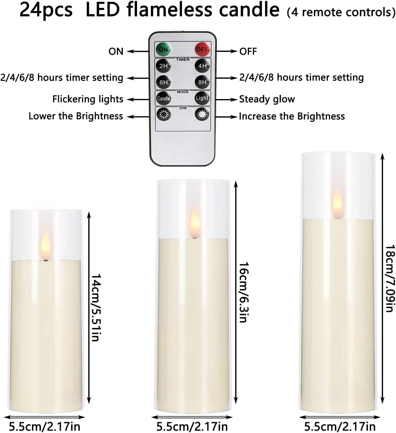 Flickering Flameless Candles Battery Operated with Remote and 2/4/6/8 H Timer Plexiglass Led Pillar Candles with Realistic Moving Wick Candles for Home Decor Pack of 48(D2.2"xH 5"6"7")(Ivory)