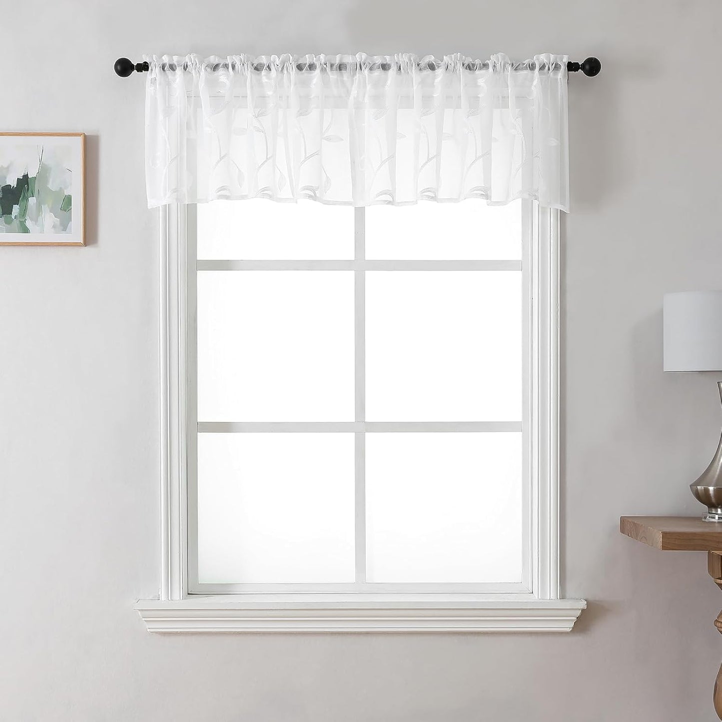 VISIONTEX Sheer Voile Curtain Valances, Decorative Leaves Embroidered, Rod Pocket Window Treatment for Kitchen/Rustic Bedroom/Living Room (54 x 16 Inch,1 Panel)