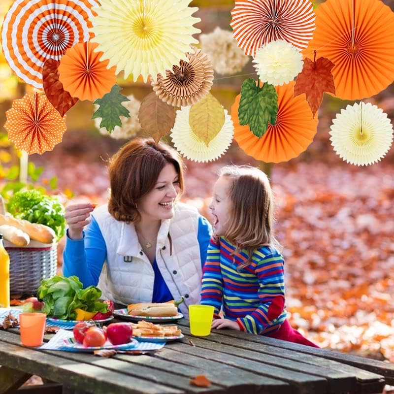 Easy Joy 14 Pcs Fall Party Decorations, Orange Hanging Paper Fans Autumn Paper Pompoms Lanterns Maple Leaves Bunting Garlands for Thanksgiving Celebration, Birthday Decor