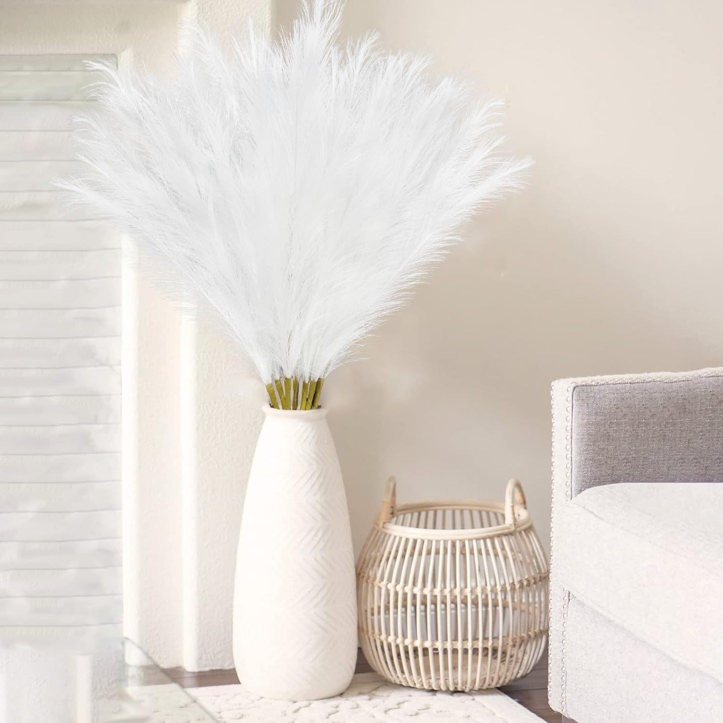 35" Faux Pampas Grass Decor, 8pcs Large Tall Fluffy Artificial Pompous Grass Branches Floral Fake Pompas Grass Bulrush Floor Vase Filler Flower Arrangement for Home Wedding Boho Decor-White