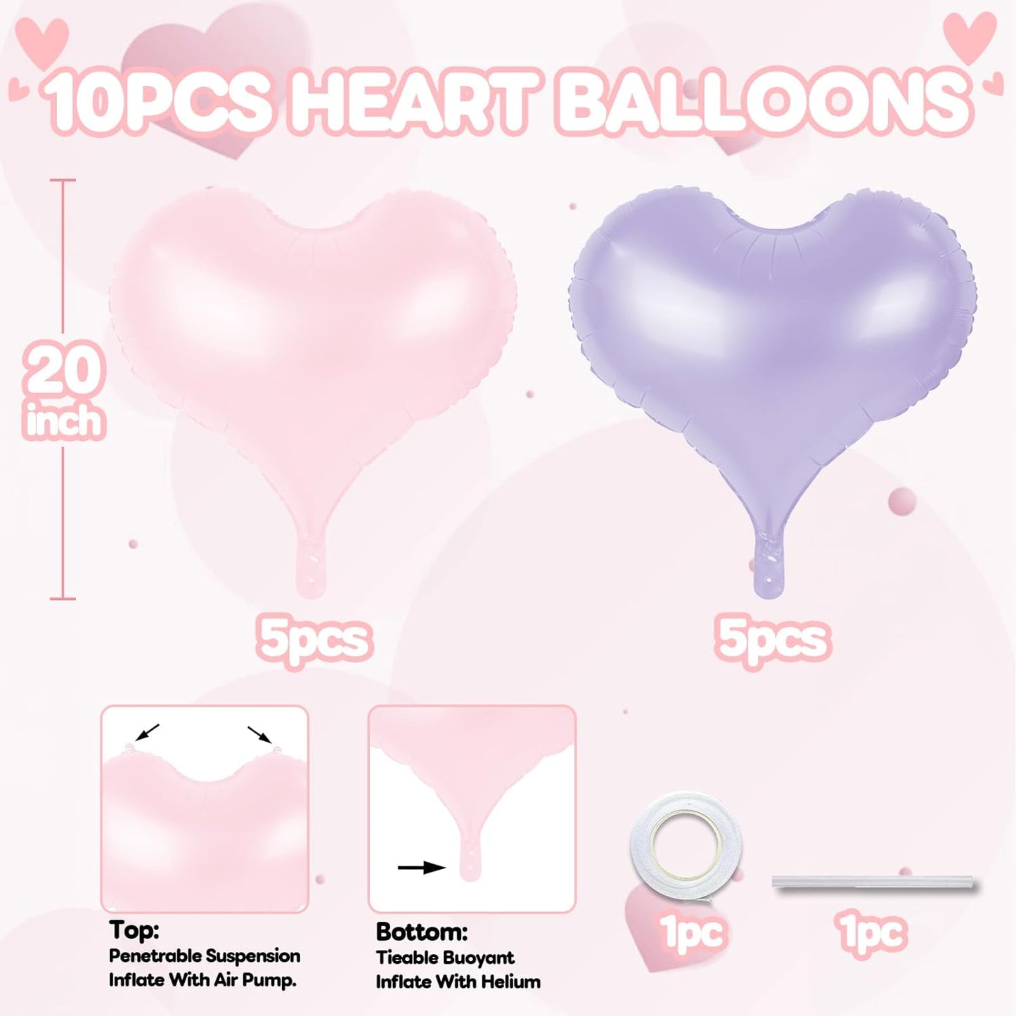 20 Inch Pink Purple Heart Balloons, 10 Pcs Baby Pink Purple Heart Shaped Foil Balloons, Pastel Helium Balloon for Valentine Bridal Shower Anniversary Wedding Birthday Party Decorations
