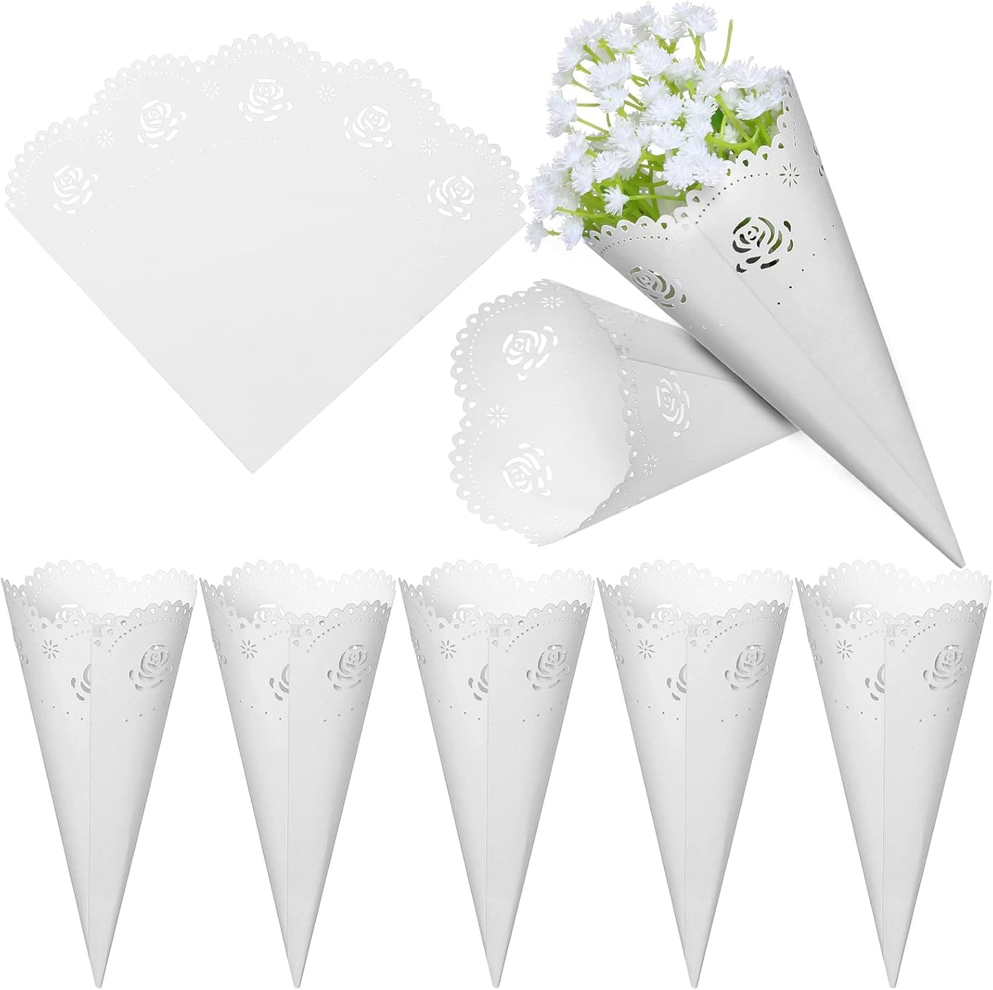 GWHOLE 100 Pcs Rose Confetti Petal Cone for Wedding Party, White