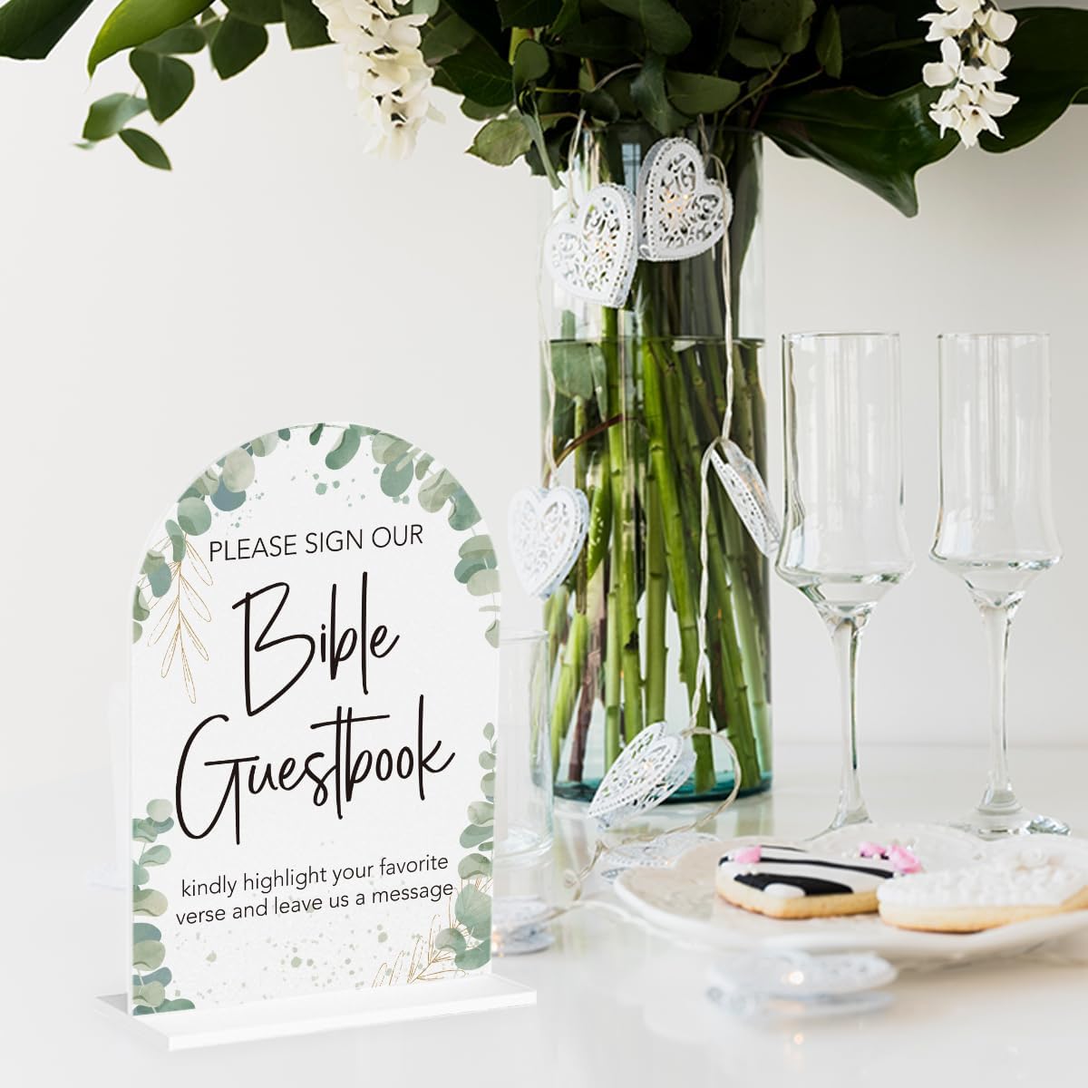 Boho Wedding Bible Guest Book Sign Our Bible Wedding Sign Acrylic Arch Wedding Bridal Baby Shower Welcome Table Signs for Ceremony and Reception Decor 7 x 5 Inches
