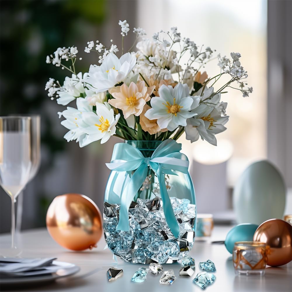 HappyFiller 14 OZ Fake Ice Rocks Cubes Acrylic Gems Stones for Winter Decorations,Christmas Vase Fillers,Wedding Table Scatters,Crafts,Home Centerpieces,Clear,Sea Blue,Silver Mix