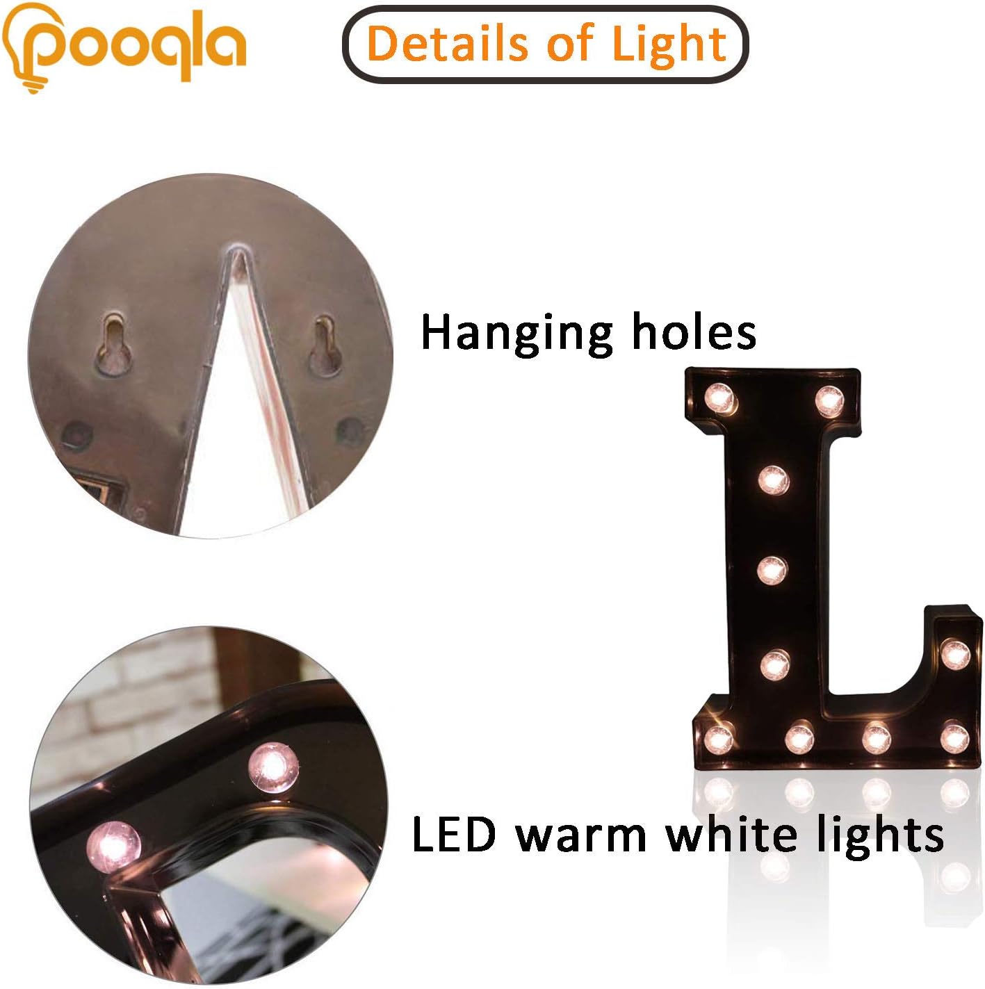 Pooqla Decorative LED Illuminated Letter Marquee Sign - Alphabet Marquee Letters with Lights for Wedding Birthday Party Christmas Night Light Lamp Home Bar Decoration L, Black