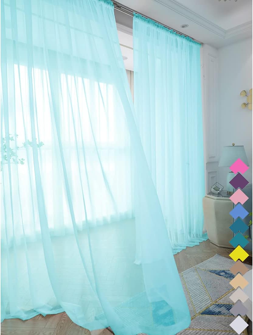Window Lake Blue Sheer Curtains 108 Inches Long 2 Panels Sheer Curtain Basic Rod Pocket Panel for Bedroom Children Living Room Yard Kitchen