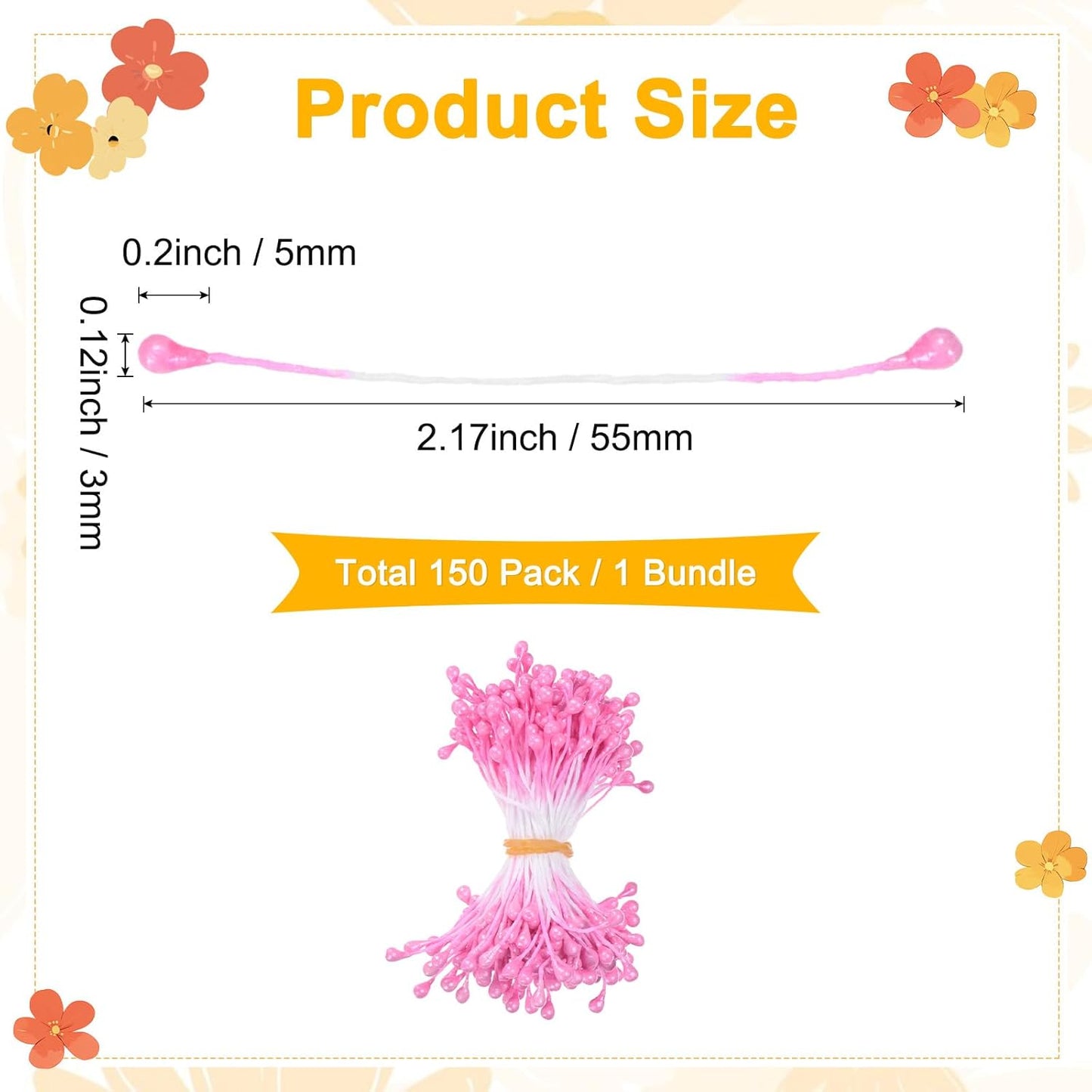 150-Pack Flower Stamens for Crafts, 5mm Double Heads Artificial Pearl Floral Pistil Mini Flower Pollens Stamens for DIY Making/Wedding/Scrapbook Decoration [Dark Pink]