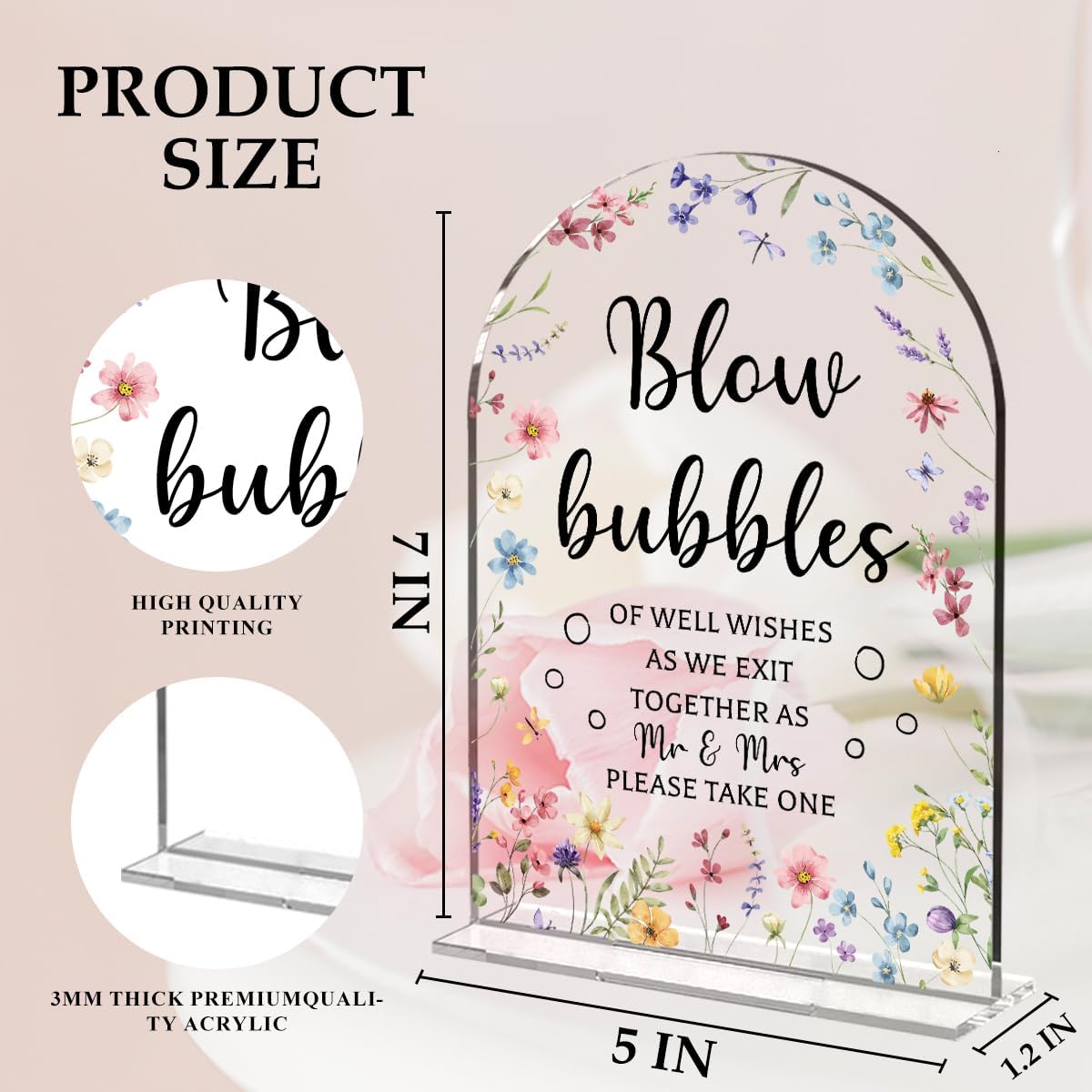 Wedding Sign Decor, Arch Acrylic 5x7 Inch, Blou Bubbles Sign Wedding Sign for Reception & Event, Bridal Shower Decorations, Wedding Table Sign Accessories for Anniversary And Party (Flower)