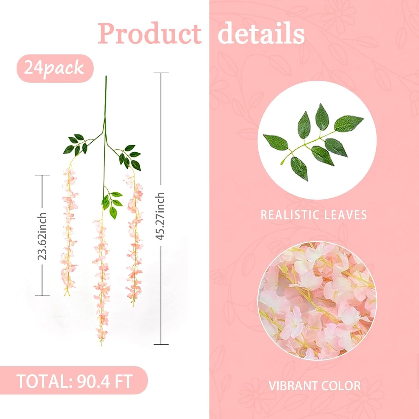 24 Pack Light Pink Wisteria Hanging Flowers Garland, 3.77 Feet Artificial Flower Vines, Fake Wisteria, Artificial Vines Hanging Garland for Backdrop Outdoor Yard Garden Decor