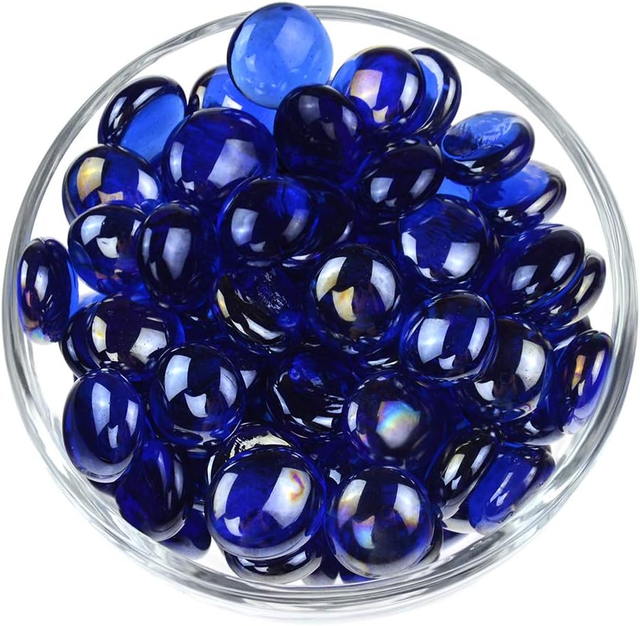 KINGOU Flat Glass Gems/Marbles/Stones/Beads for Vase Filler, Table Scatter, Games - 1 Lbs (17-19mm, Approx. 3/4")- Sapphire Blue Luster