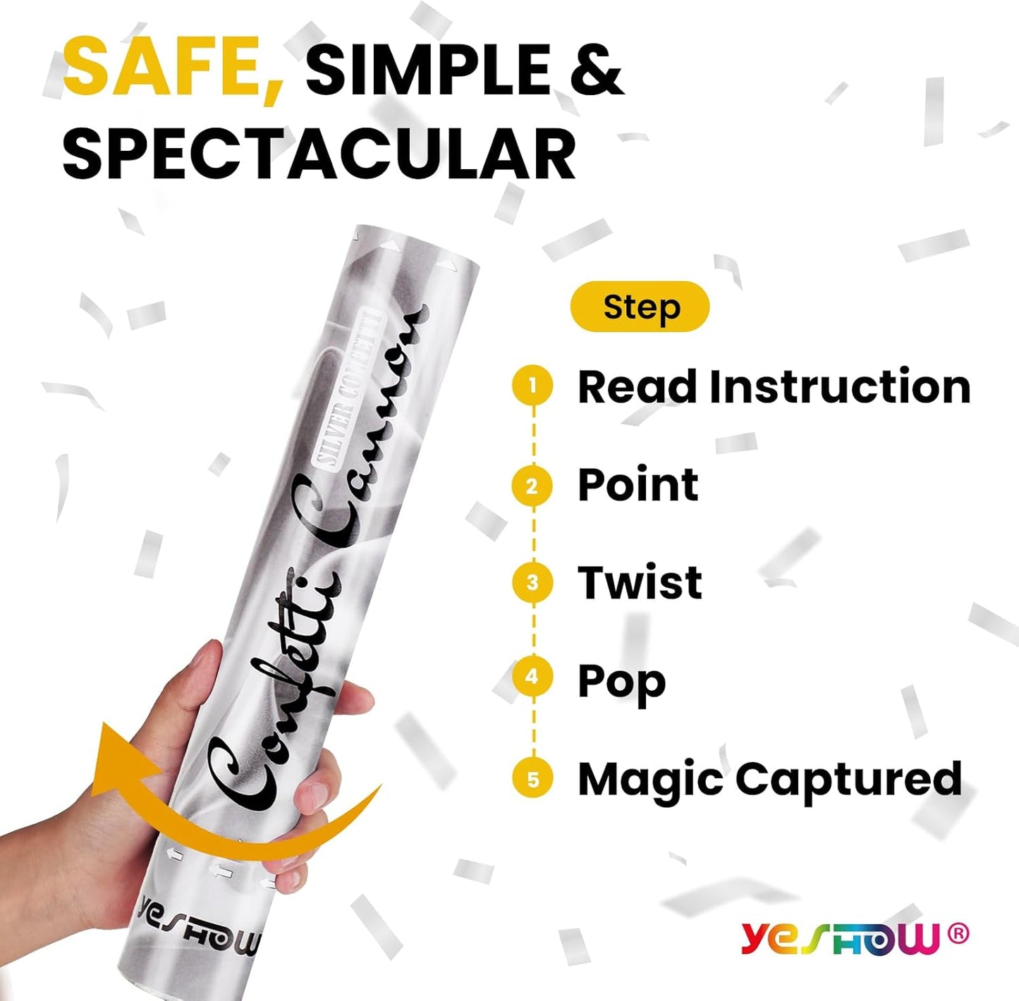 Confetti Cannon Party Poppers Shooters,(6 pack) YESHOW Confetti Blaster Silver Metallic for Birthday Graduation Wedding Christmas New Year’s Eve