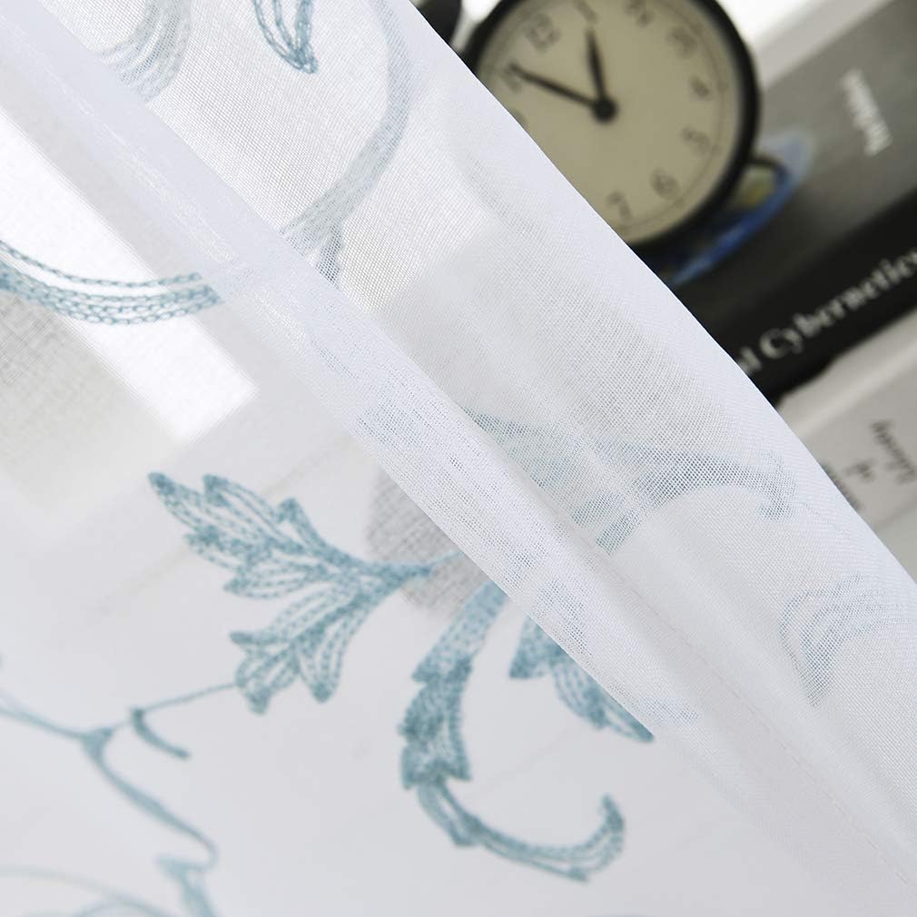 Floral Embroidery Sheer Curtains Blue 45 Inch Length, Vintage Rod Pocket Voile Drapes for Living room, Bedroom, Window Treatments Semi Crinkle Curtain Panels for Villa, Parlor, Set of 2, 52"x 45".