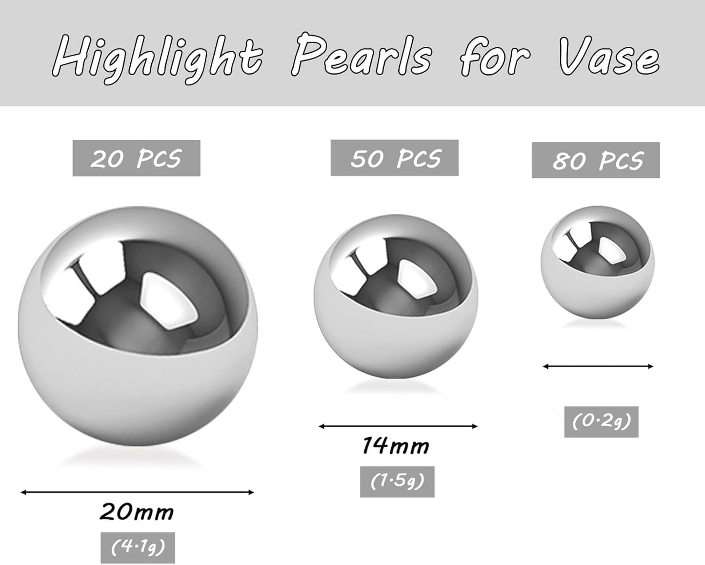 150Pcs Bright Silver Polished No Hole Faux Pearl Beads for Vase Filling Decorations, Plastic Pearls Vase Fillers, Table Scatters, Wedding Centerpiece, Home Decor, 8/14/20 mm