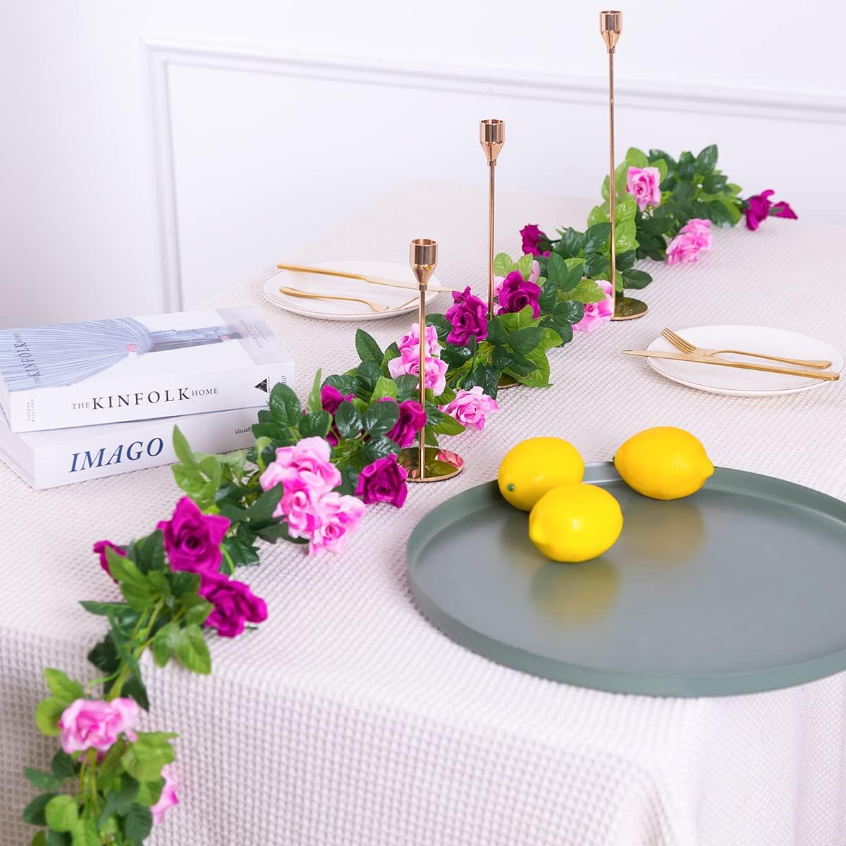 Kisflower 3PCS/23.7FT Artificial Rose Flower Garland, Fake Vines Silk Floral Hanging Plant for Wedding Arch Decorations Room Party Home Garden Hotel Office Wall Decor (Fuchsia)