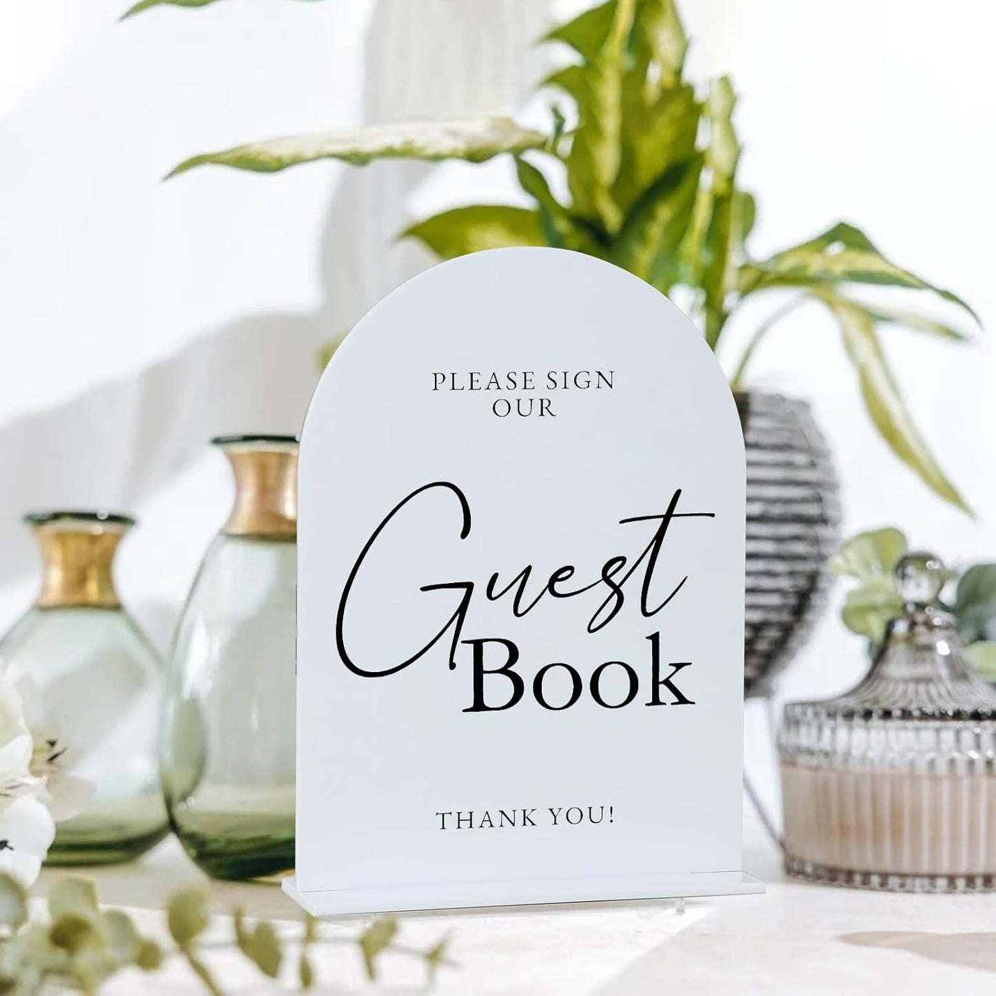 White Arch Acrylic Wedding Sign- 5"x7" Guest Book Sign and Base,1/8" Thick | Modern Calligraphy Arched Acrylic Table Sign for Wedding & Event Party