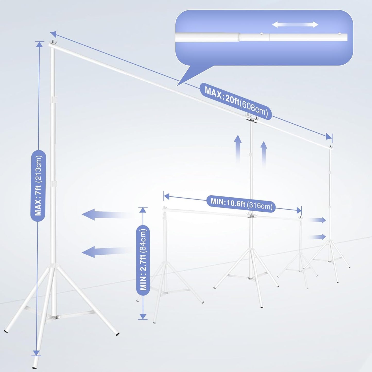 EMART Backdrop Stand, 20x7ft(WxH) Large Adjustable Background Support System with 308° Angle Rotatable Connector, 8 Clamps, 3 Sandbags and Carry Bag for Paties, Wedding, Photography Studio -White