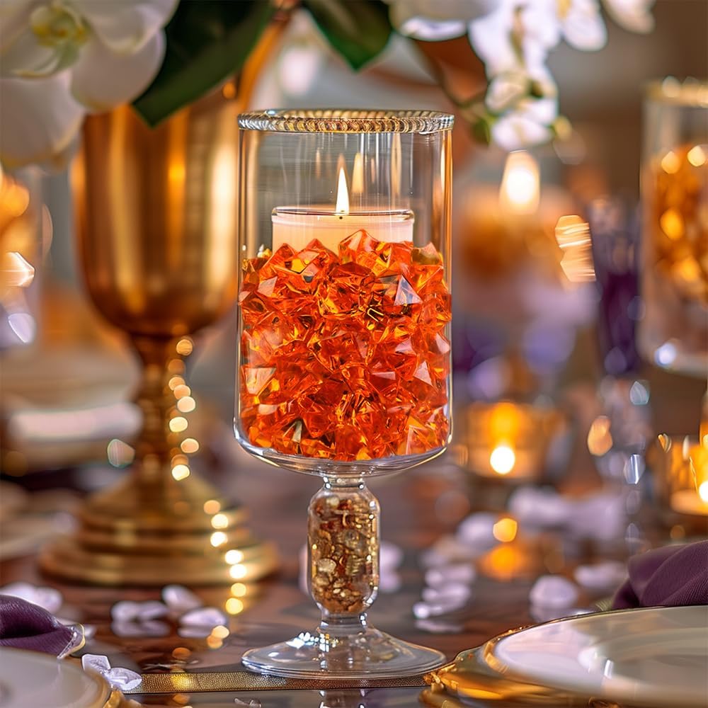 HappyFiller Fall Harvest Decor Orange Fake Ice Rocks Acrylic Chunks,Pirate Treasure Gems Stone,Vase Fillers,Resin Arts Crafts,Faux Crystal Dazzler,Centerpieces,Table Scatter,Home Decoration,14 OZ