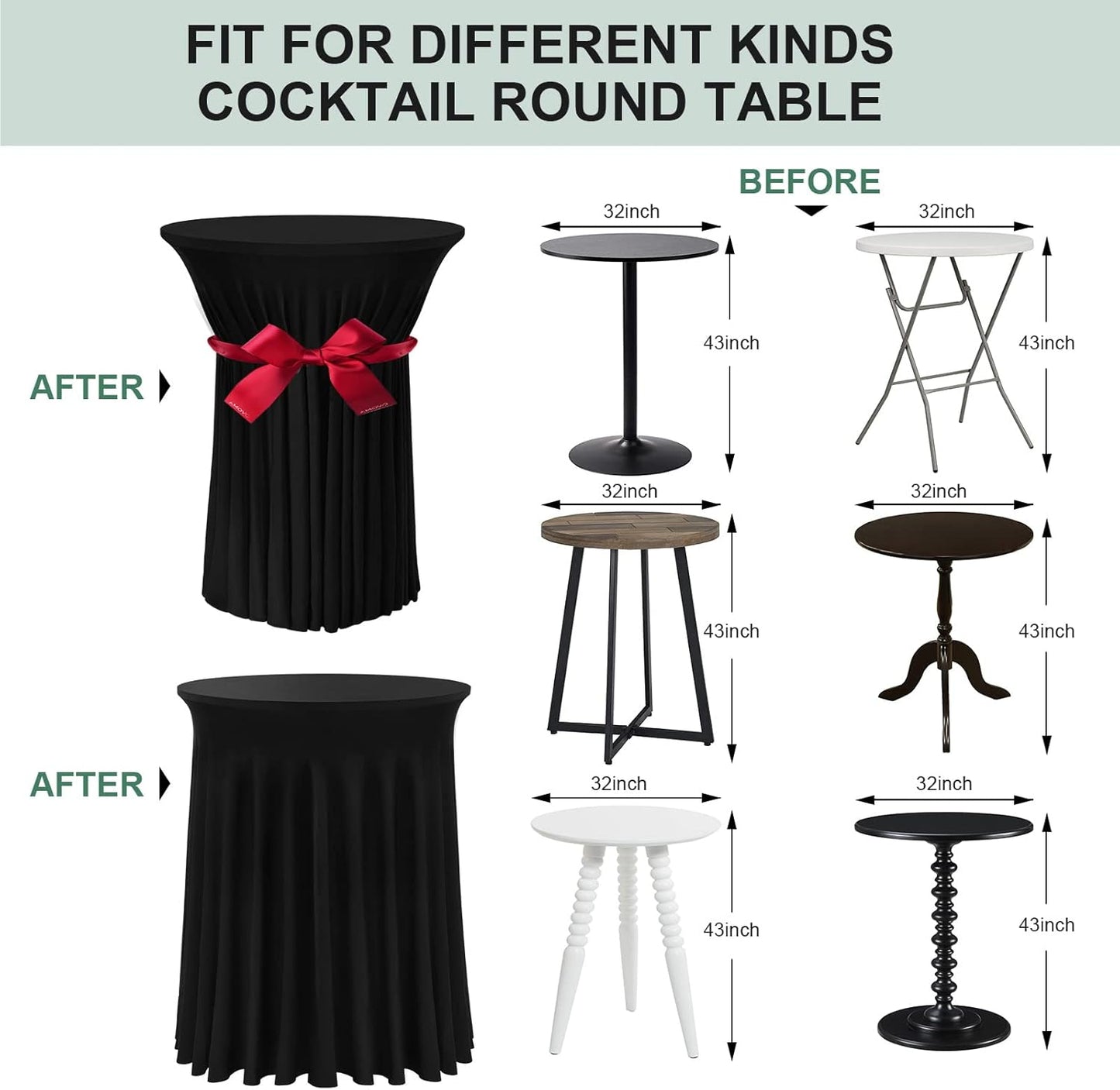 Cocktail Table Covers - 2 Pack 32"x 43" Black Cocktail Table Tablecloth with Natural Wavy Round Skirt for Bar Wedding Party Banquet